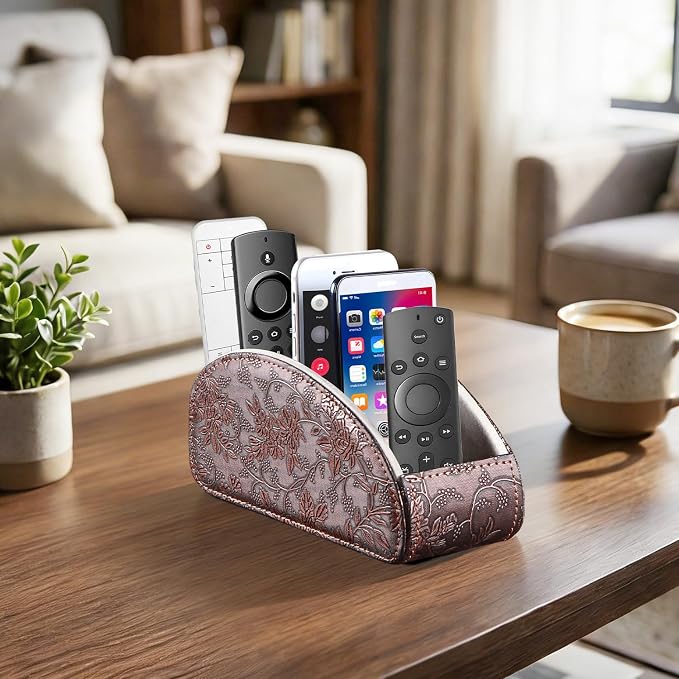 TV Remote Control Holder with 5 Compartments,Pu Leather Remote Caddy/Box/Tray Nightstand Desktop Storage Organizer Store DVD,Blu-Ray,Media Player,Heater Controllers, Makeup Office Supplies