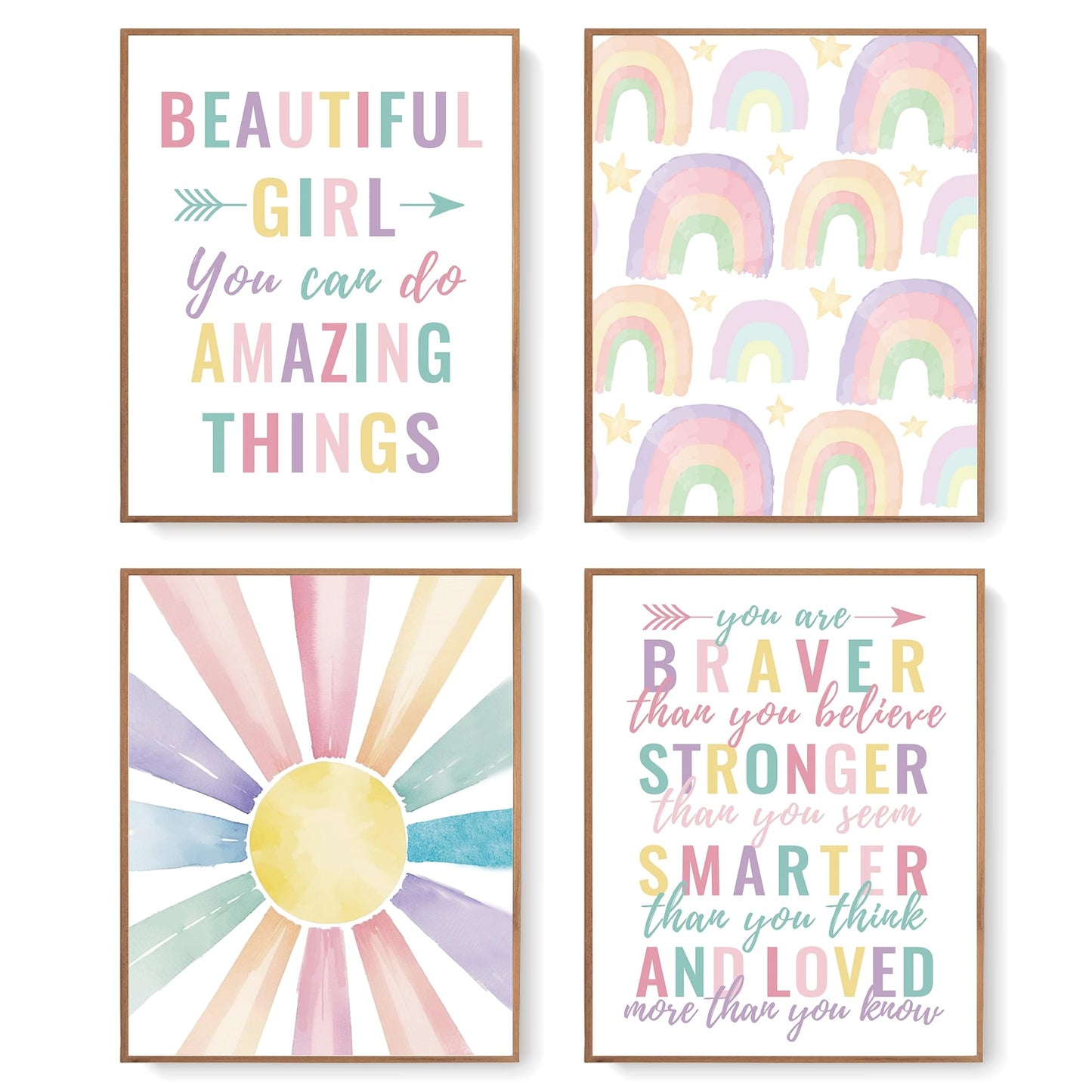 LARTSFRO Boho Pastel Rainbow Sunshine Inspirational Nursery Wall Art Prints Set of 4, Baby Girl Room Decor, Positive Affirmations Artwork Posters Wall Decor for Girls Nursery Room, 8x10 Unframed