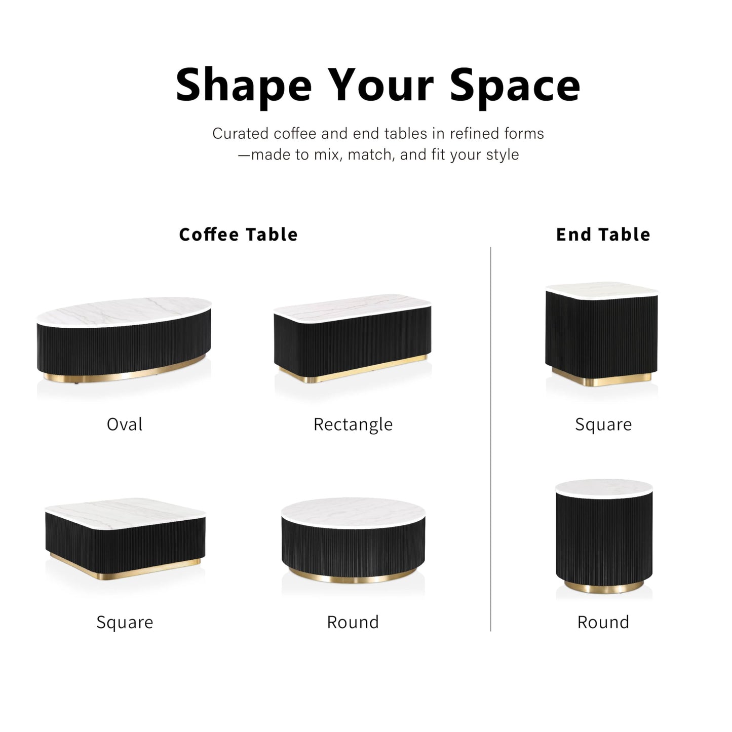 Furniture of America Beryl Modern Round White Genuine Marble Top Coffee Table with Fluted Pedestal Base and Gold Stainless Steel Accent, Low Profile Table for Living Room, Home Office, Black