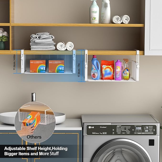 AmonHouseware 2Pack Under Shelf Basket Organizer,Adjustable Hanging Holder Storage for Cabinet Pantry Kitchen Cupboard Desk Counter Bookshelf Organization Add-on Space Saver Heavy Duty Slide-in,White