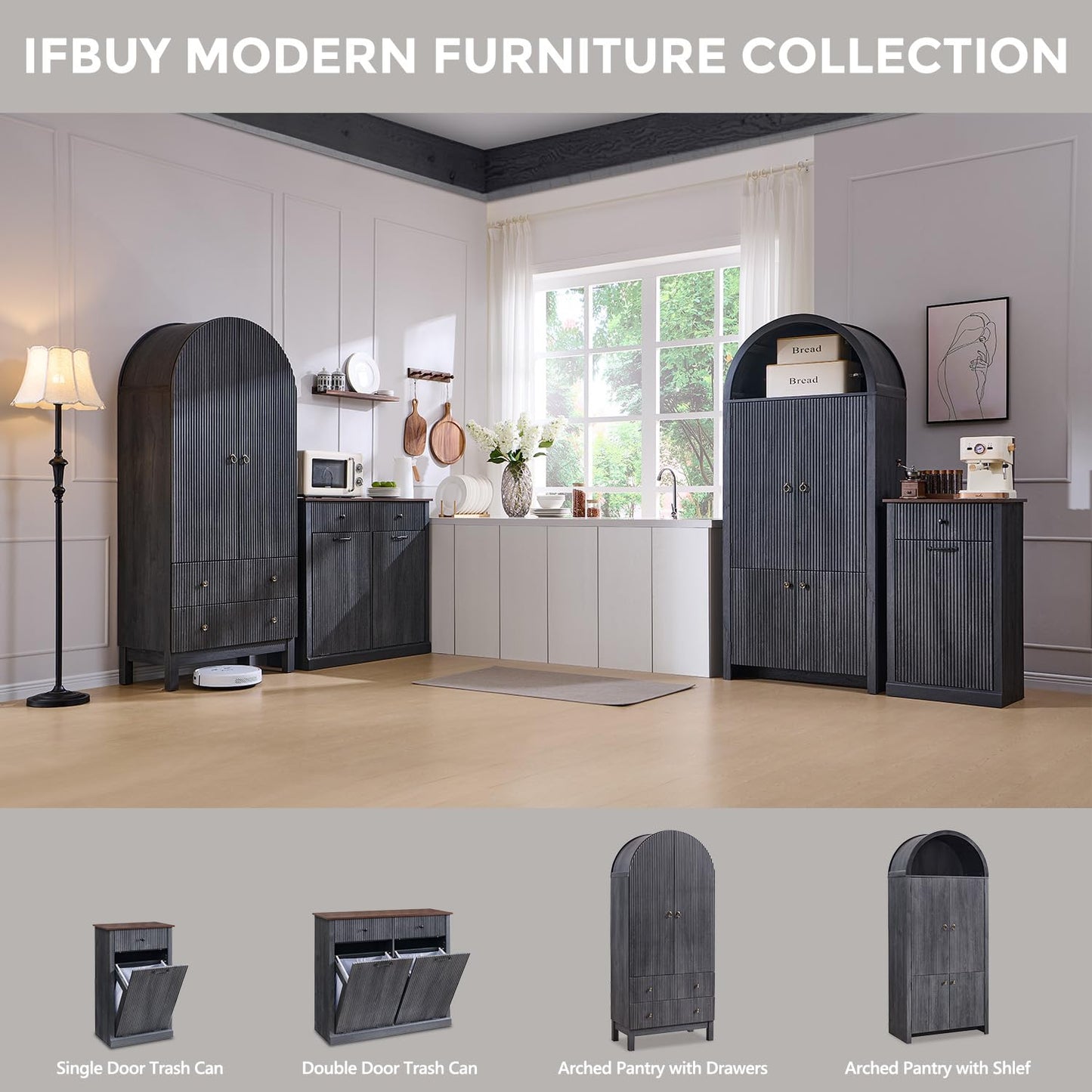 IFBUY Triple Tilt Out Laundry Hamper Cabinet, Modern Fluted Trash Can Cabinet with 3 Drawers, 20 Gallon Hidden Garbage Can Cabinets w/Laundry Basket & Adjustable shelf for Bathroom and Kitchen, Grey