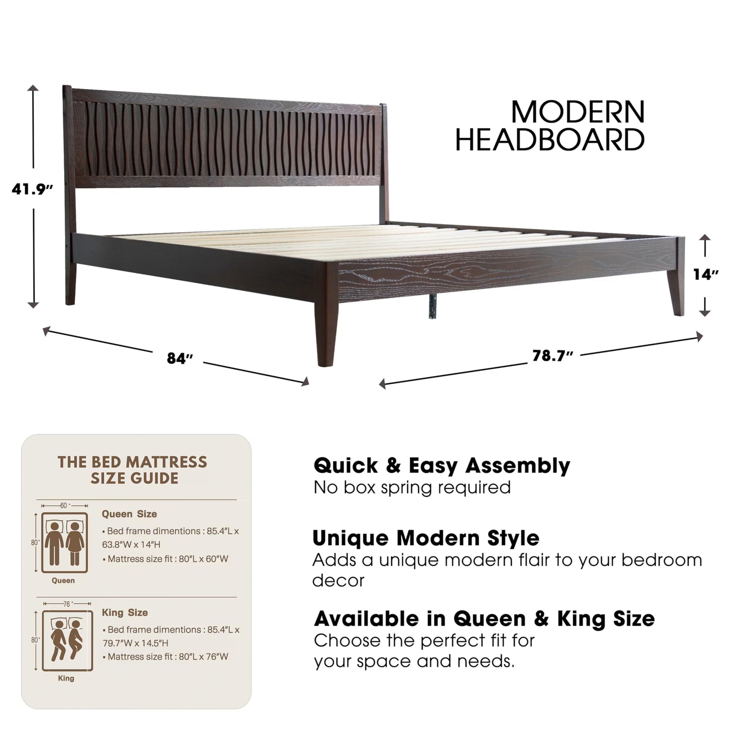 King Size Solid Wood Platform Bed Frame with Headboard & Footboard, 12 Sturdy Slats, Centre Metal Legs, Under-Bed Storage, Anti-Noise & Slip-Free, Easy Assembly, Dark Roast Oak Finish OLK-32