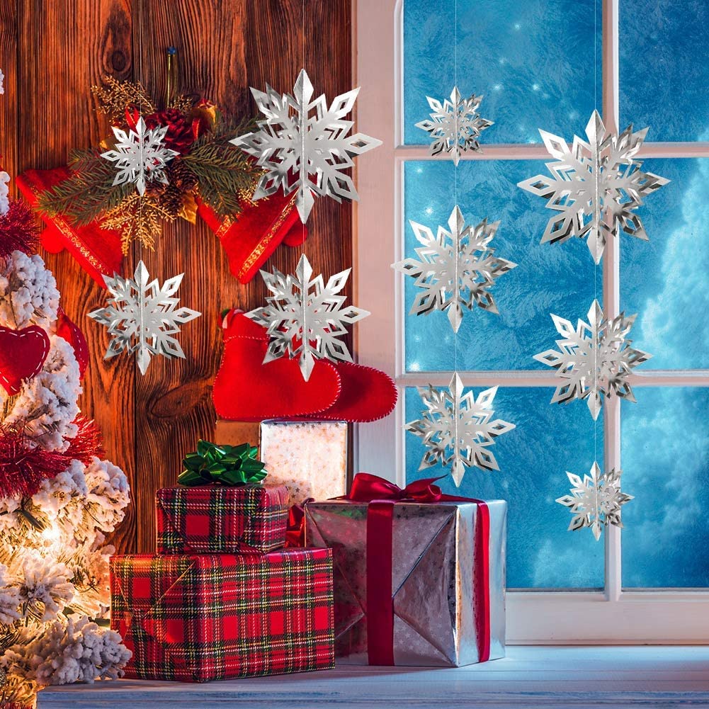 Winter Snowflake Hanging Decorations - 3D Large Silver Snowflakes Paper Hanging Garland for Christmas Winter Wonderland Holiday New Year Party Home Decoration 12PCS (Silver)