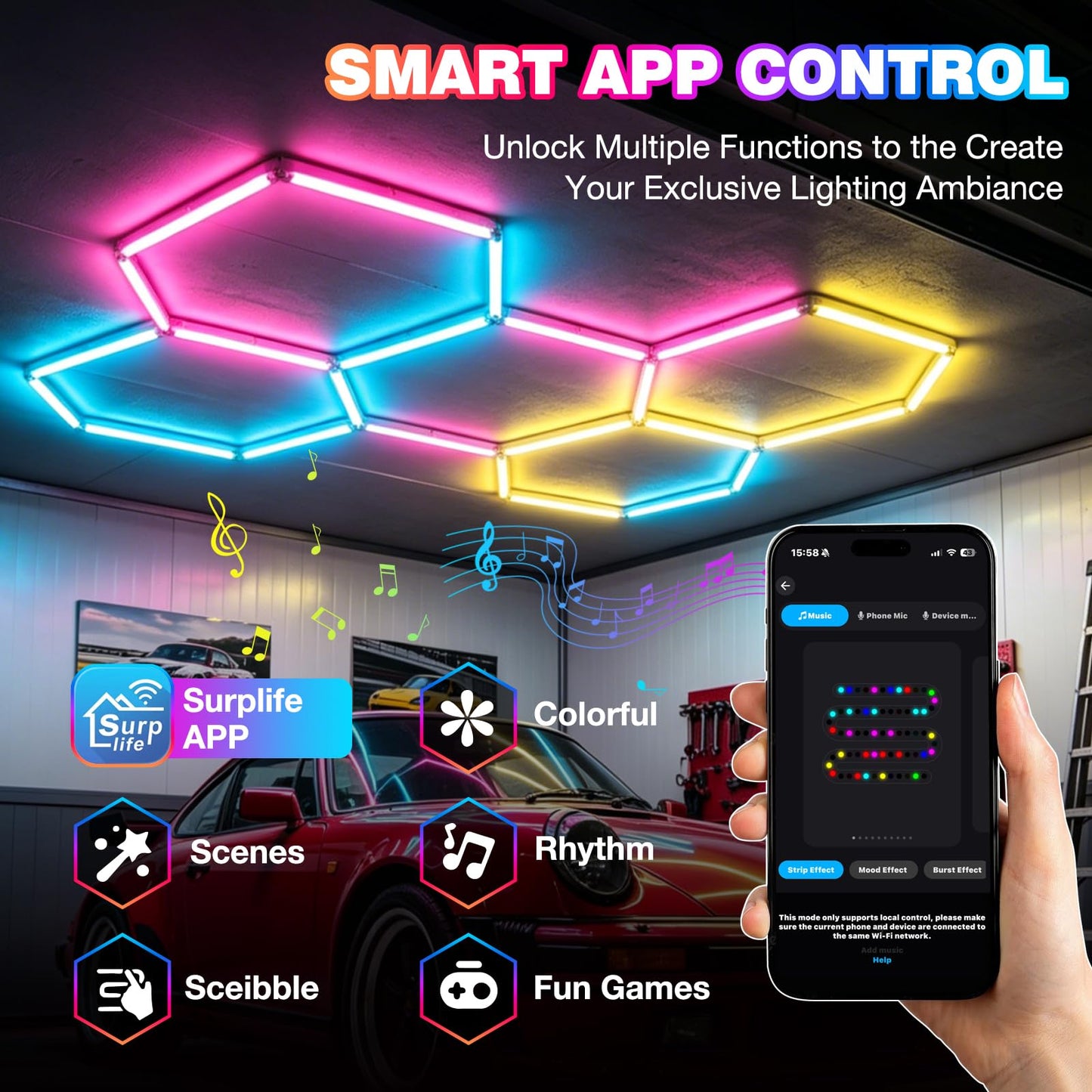 GOSLARLIT Hexagon Garage Lights: 5 Hex RGB Hexagon LED Lights with Music Sync Mode, App & Remote Control, Multi-Color Honeycomb Ceiling Light for Gaming Room, Gym, Garage