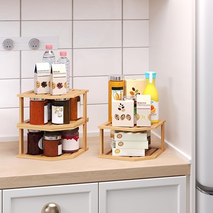 VERTORGAN Bamboo Corner Shelf(3 Pack),2 Tier Plate Organizer for Cabinet and Countertop,Pantry Dish and Spice Rack for Kitchen
