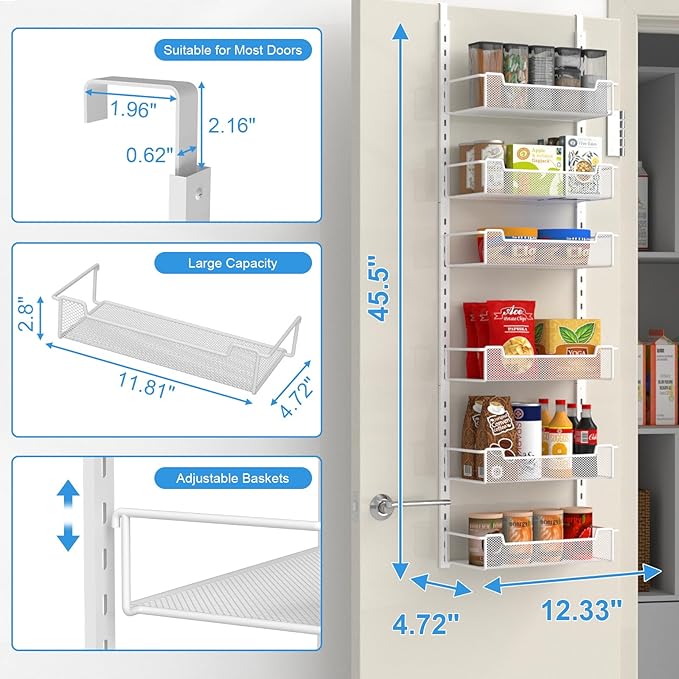 VyGrow 12.3" W Narrow Over the Door Pantry Organizer, 6-Tier Over the Door Organizer with Adjustable Basket, Pantry Door Organization for Pantry Kitchen Storage Room Spice Rack, White