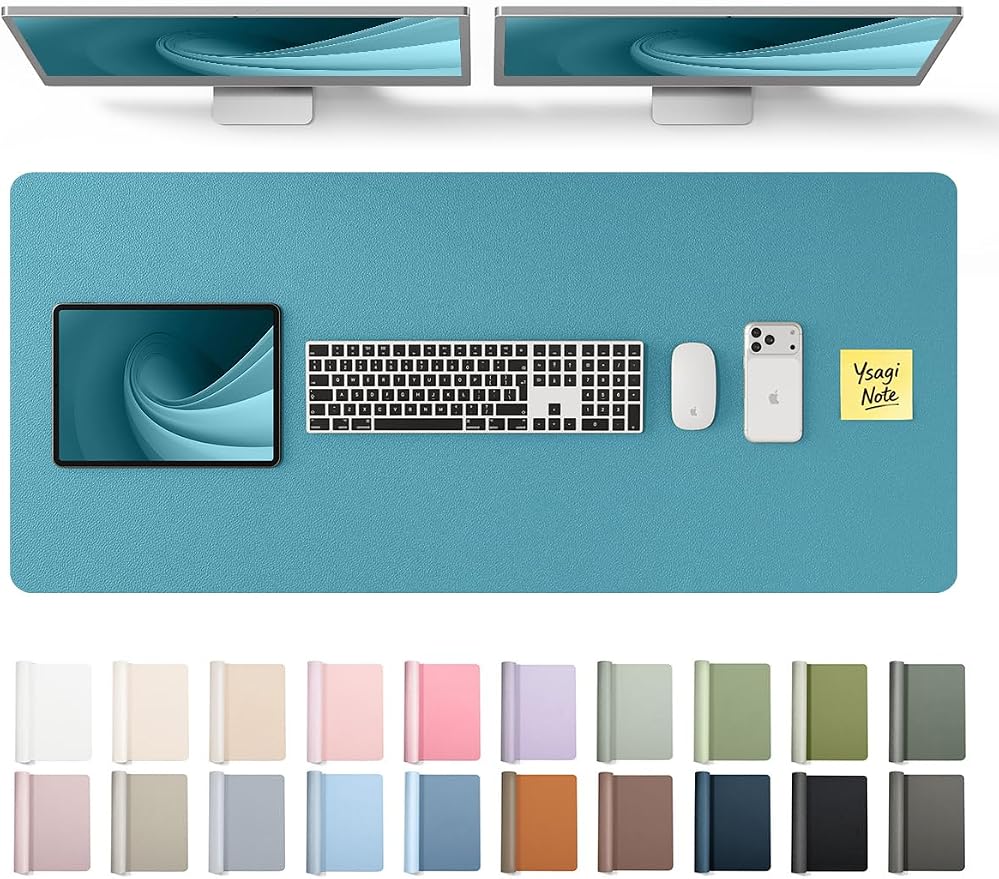 YSAGi Leather Desk Pad Protector, Office Desk Mat, Large Mouse Pad, Non-Slip PU Leather Desk Blotter, Laptop Desk Pad, Waterproof Desk Writing Pad for Office and Home (Turquoise,47" x 17")