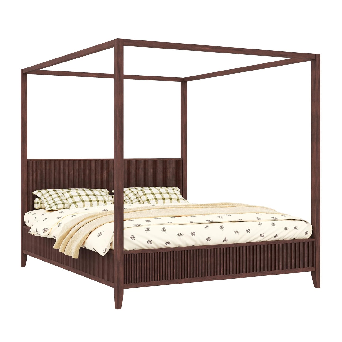 Merax Modern Luxury King Size Wooden Canopy Bed Frame with Headboard, Slats Support, Wood 4 Poster Bed Frame, No Box Spring Needed, Contemporary Bedroom Furniture, Espresso