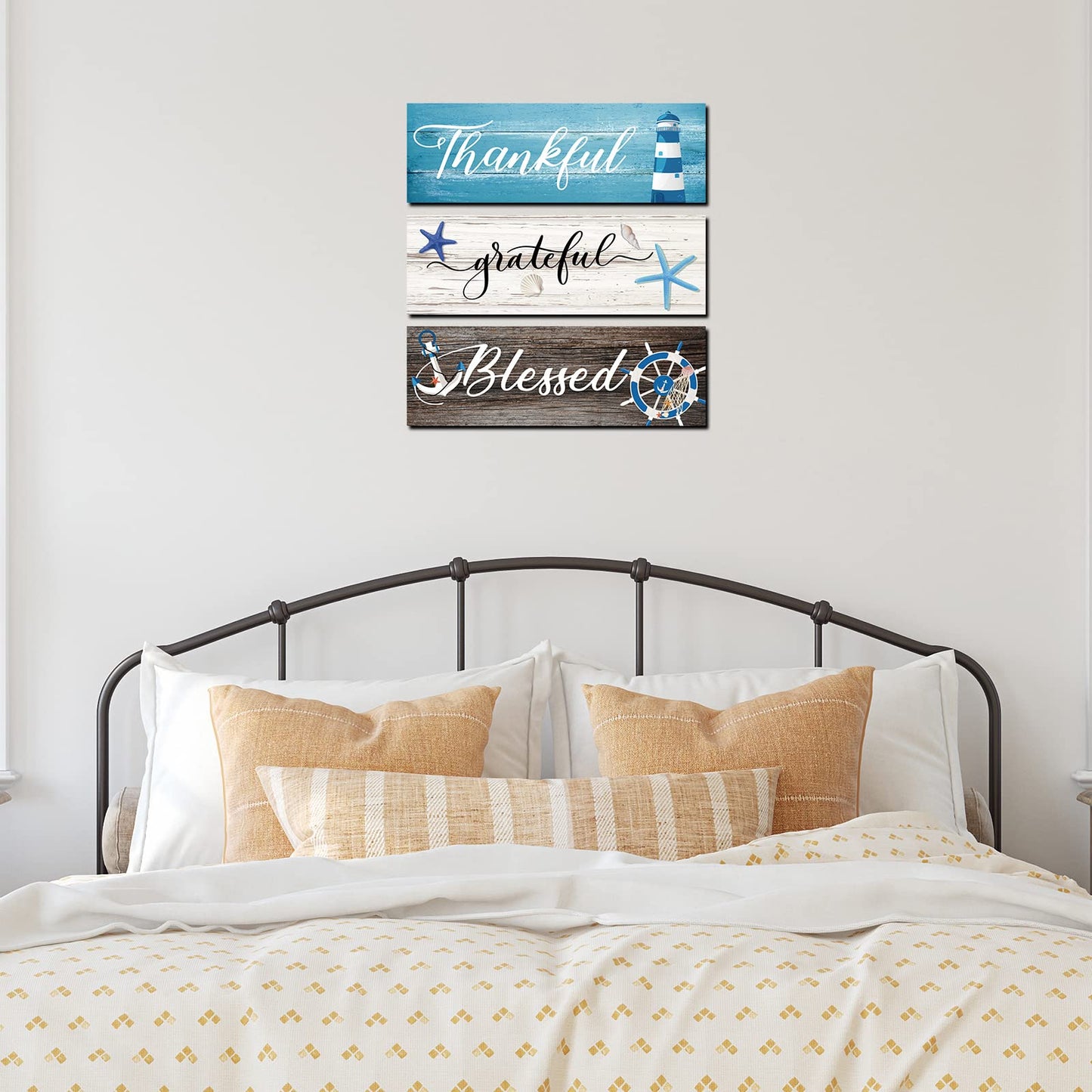 Yookeer 3 Pieces Thankful Grateful Blessed Wooden Signs Coastal Rustic Wood Signs Wall Decor Beach Wood Front Hanging for Farmhouse Outdoor Decor(Coastal Style)