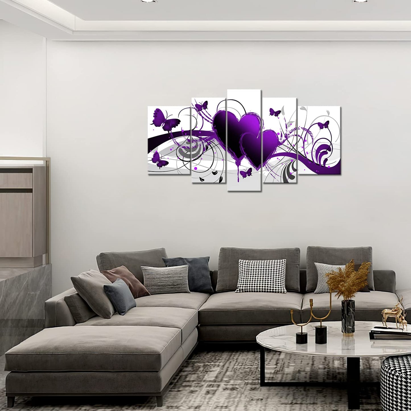 Yeawin Purple Love Butterfly Wall Art Purple Heart The Picture Print On Canvas 5 Panels Modern Abstract Artwork The Canvas for Home Living Dining Room Kitchen(Wrapped Canvas Wall Art,Ready to Hang)
