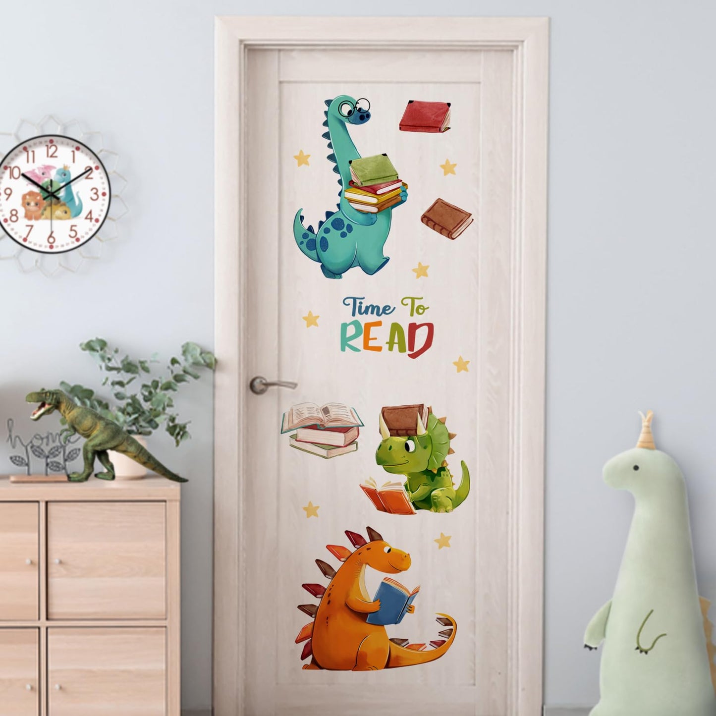 Yovkky Reading Dinosaur Wall Decals Stickers, Time to Read Dino Book Corner Baby Toddler Nursery Classroom Library Decor, Positive Quote Home Decorations Kids Bedroom Study Room Reading Nook Art