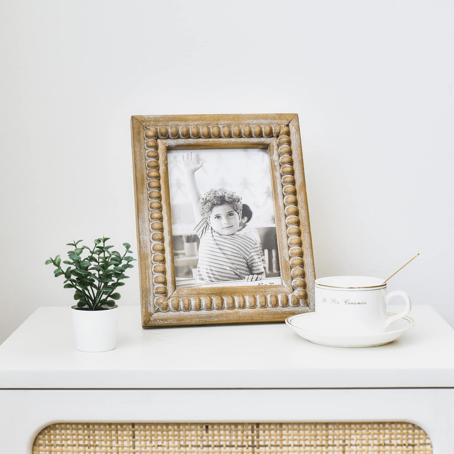 MACVAD Large Rectangular Natural Wood Picture Frame With Decorative Beads- Perfect for 5X7 Single Photos - Farmhouse Gift Idea for Family and Friends