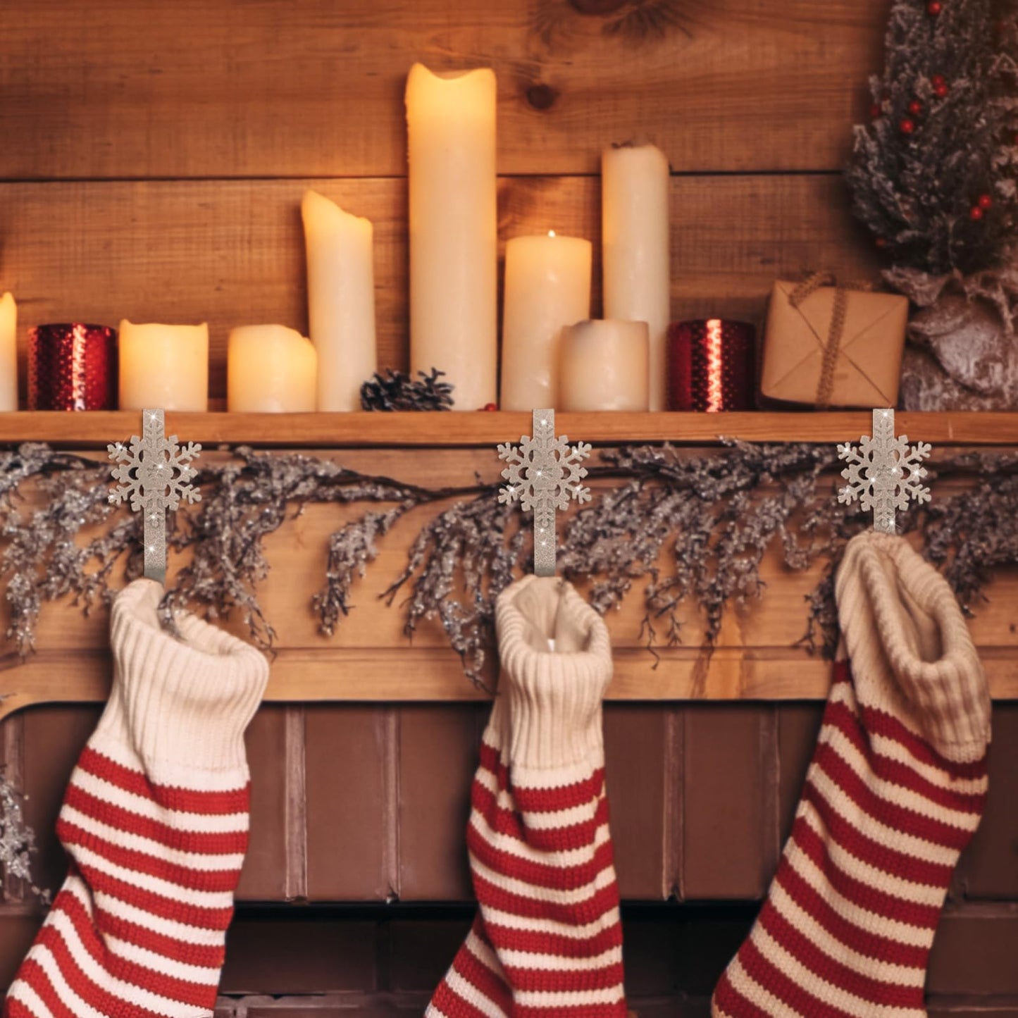 Gisafai Set of 12 Glitter Christmas Mantle Stocking Holders Snowflake Christmas Stocking Hangers Weighted Shiny Metal Fireplace Mantel Non-Slip Hooks for Xmas Party Decoration(Sliver)