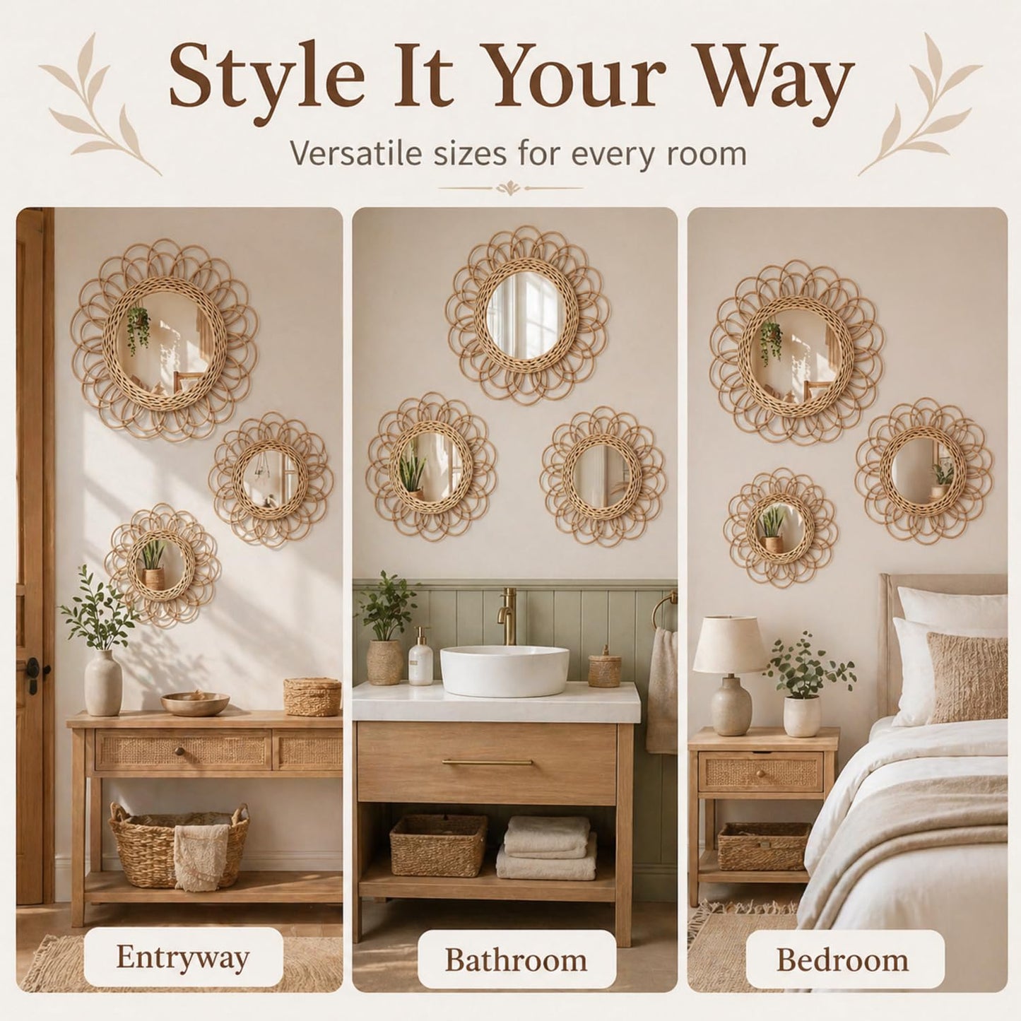 Vercraft 3 Pack Boho Rattan Mirror Wall Hanging Decor, 15.7" & 11.8" Sunflower Round Woven Decorative Circle Mirrors, Hanging Art Decor for Farmhouse Bedroom Living Room Bathroom Gallery Wall