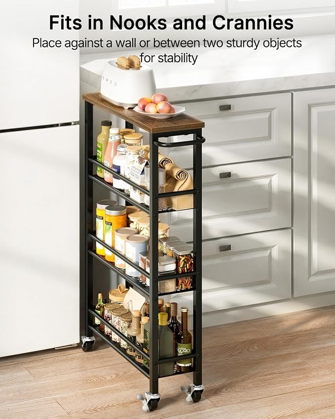 Pipishell Slim Storage Cart with Wheels - 4 Tier Rolling Kitchen Storage Cart with Handle and Wood Top, Metal Slim Bathroom Cart for Laundry Room, Bathroom, Kitchen, Narrow Space, Black & Rustic Brown