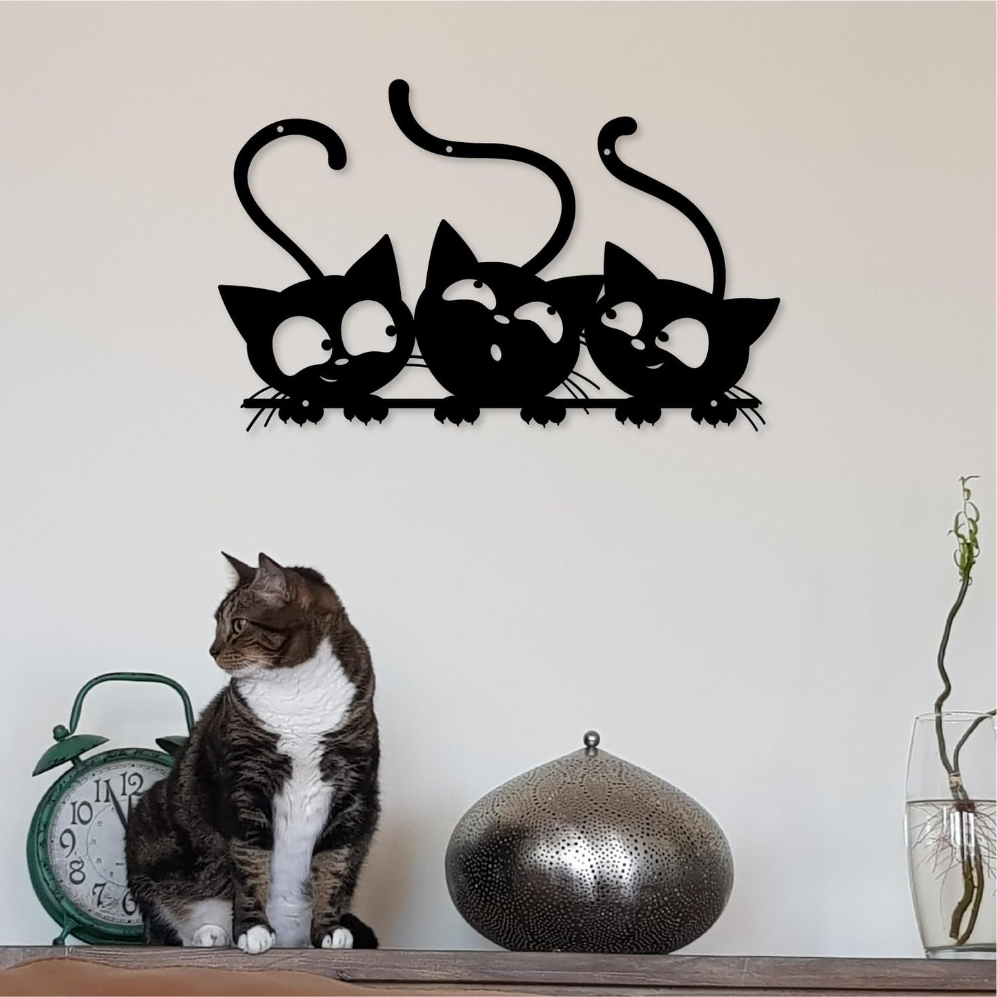 Monlyey Three Black Cat Wall Art, Metal Cat Wall Decor, Black Cat Wall Sculpture For Cats Lover, Minimalist Room Living Room Patio Wall DéCor (Length:12 Inches)