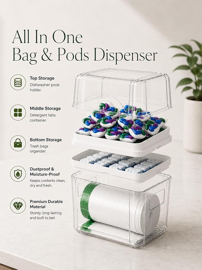 Trash Bag Dispenser & Dishwasher Pods Organizer, Clear Acrylic Garbage Bag Holder Under Sink Organizer With Removable Lid, Laundry Pods Container for Kitchen Pantry Laundry Room (3IN1 Dispenser)