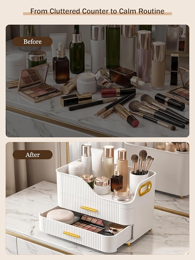 Booklov Countertop Makeup Organizer with Drawers, 3 Tier Large Cosmetic Storage Box for Vanity, Bathroom Counter, Dresser, Skincare Display Case for Lipsticks, Beauty Palettes, Teen Girl Gifts, White