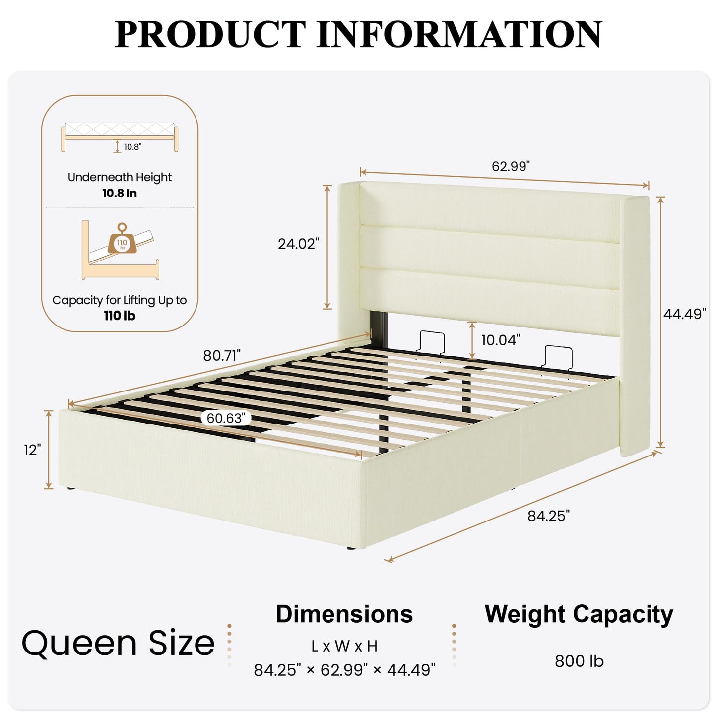 SHA CERLIN Queen Size Lift Up Storage Bed/Chenille Fabric Upholstered/Modern Wingback Headboard/Platform Bed Frame/Hydraulic Storage/No Box Spring Needed/Wood Slats Support/Cream
