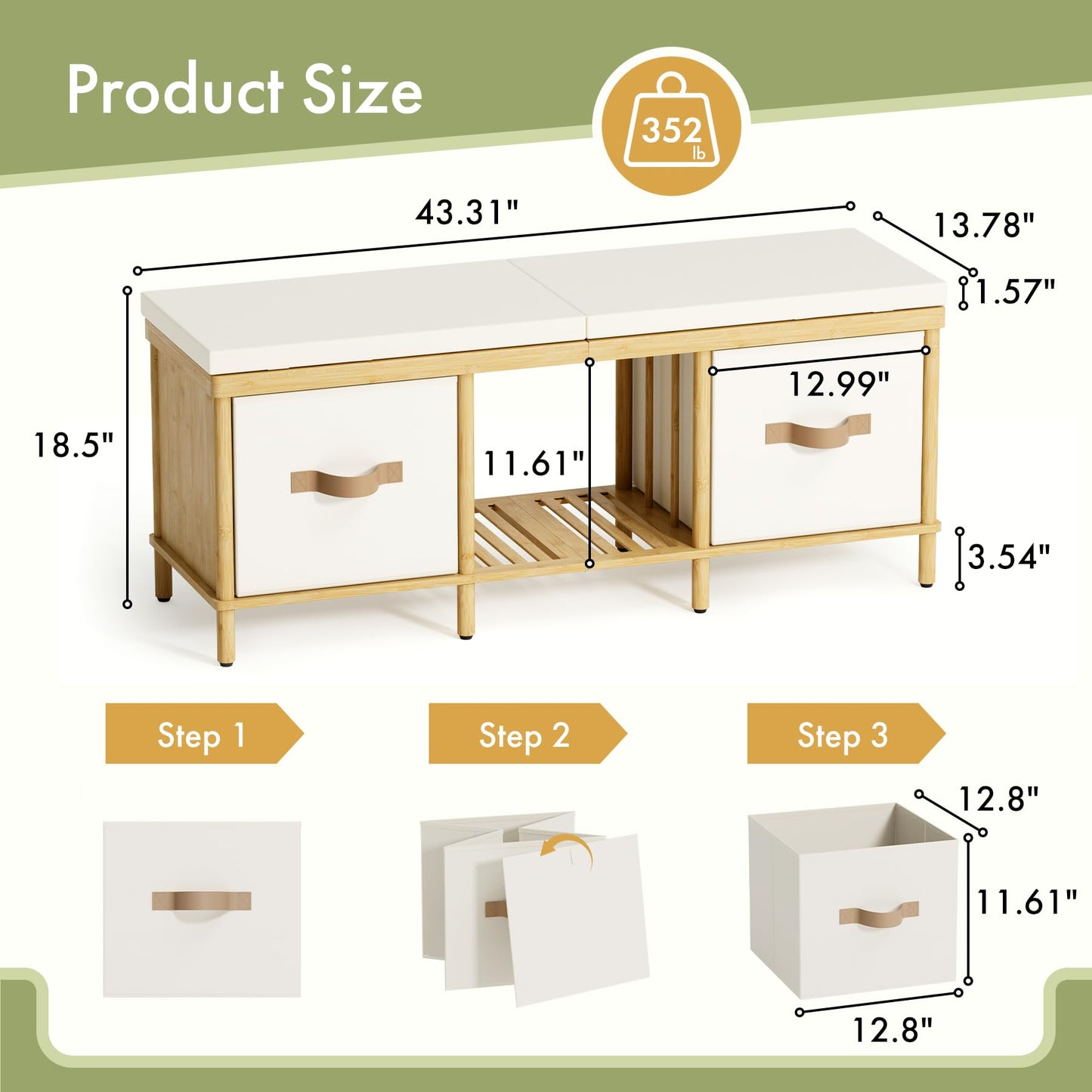 Atoping Storage Bench, 43.3" Bamboo Storage Chest with 3 Drawers, Entryway Bench with Cushioned Seat, End of Bed Bench with Storage Toy Box, Toy Chest Storage Bench for Entryway, Living Room, Bedroom