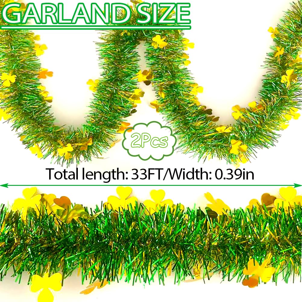 66 Ft St.Patrick's Day Tinsel Garland Decorations Shiny Thick Green Garland with Gold Shamrock Design Irish Holiday Clover Hanging Decor for Home Indoor Outdoo Saint Patrick's Day Party Supplies
