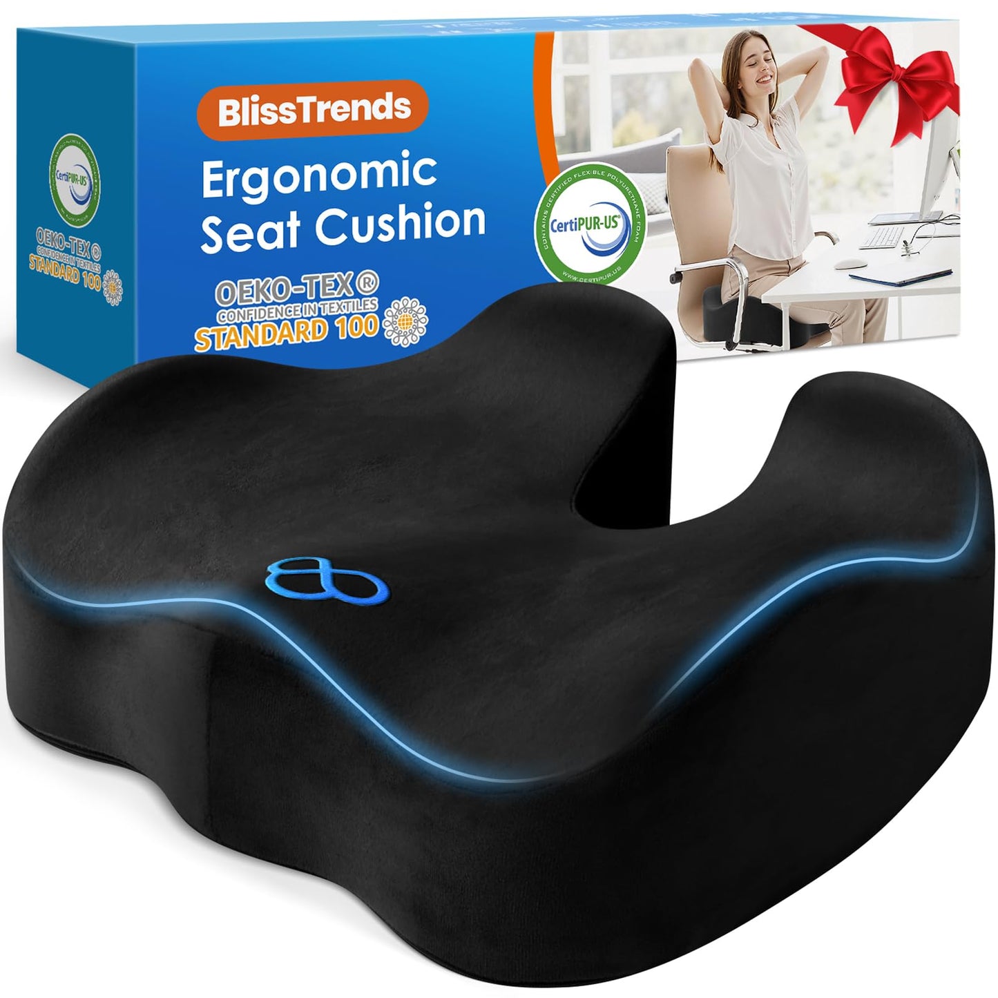 BlissTrends Seat Cushion with Velvet Cover, Thick Memory Foam Cushions for Office Chair, Car Seat, Airplane, Relieving Pressure Tailbone Sciatica Back Pain for Long Sitting, Car Drivers 4.7in Black