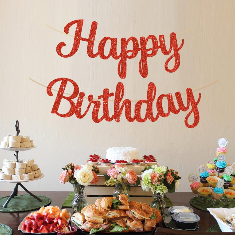 BEISHIDA Red Happy Birthday Banner - NO DIY,10Feet,Pre-Strung-Glitter Backdrop Happy Birthday Sign,Decorations for Women,Bday Party Decorations