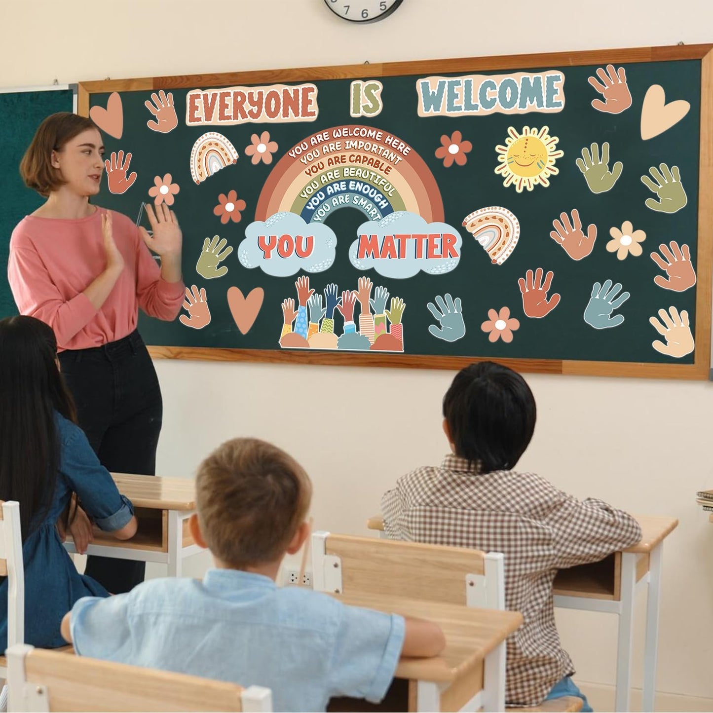 VABAMNA Boho Bulletin Board Decorations for Classroom, 35Pcs Everyone is Welcome Classroom Positive Motivational Inspirational Affirmation Wall Decor Boho Rainbow Cutouts for Teacher School Supplies