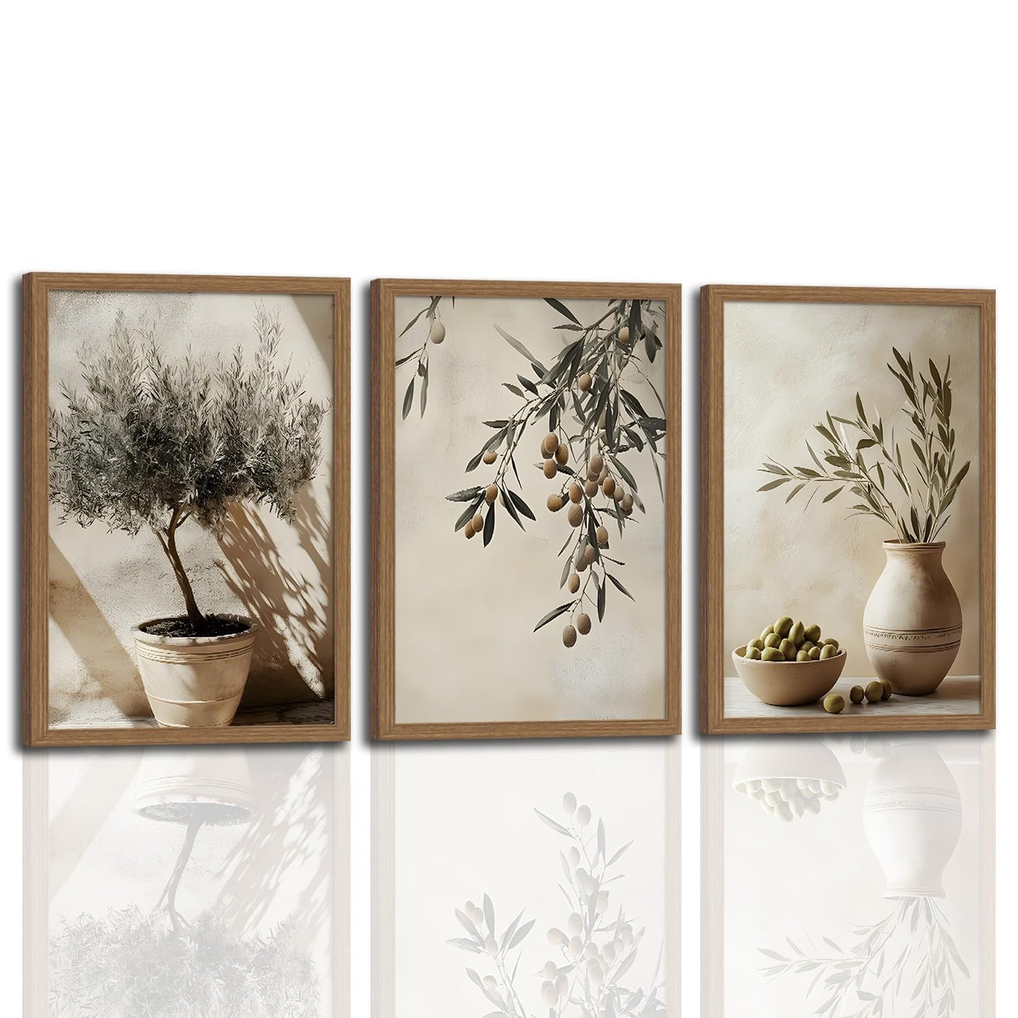 3Pcs Wooden Framed Tree Botanical Canvas Wall Art Mediterranean Olive Branch Painting Prints Poster, Rustic Farmhouse Neutral Picture Decor for Living Room Bedroom Kitchen Dining Room 12x16in