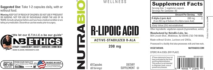 NutraBio R-Lipoic Acid Supplement, 200mg ?“Active Stabilized R-ALA Supplement- Optimized Alpha Lipoic Acid Formula for Better Absorption to Support Health and Wellness- 60 Capsules