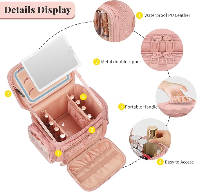 Large Makeup Bag with LED Mirror, Travel Makeup Bag Organizer for Women Girls with Makeup Brush Compartment & Two Side Pockets, 3 Color Lights Cosmetic Toiletry Bag- Leather Pink