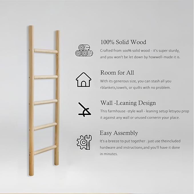 Wooden Blanket Ladder - 57in Natural Wood Color- Leaning Wall Decor for Bedroom, Bathroom, Living Room - Rustic Quilt Holder (Light Wood Color, 57in | Knock Down)