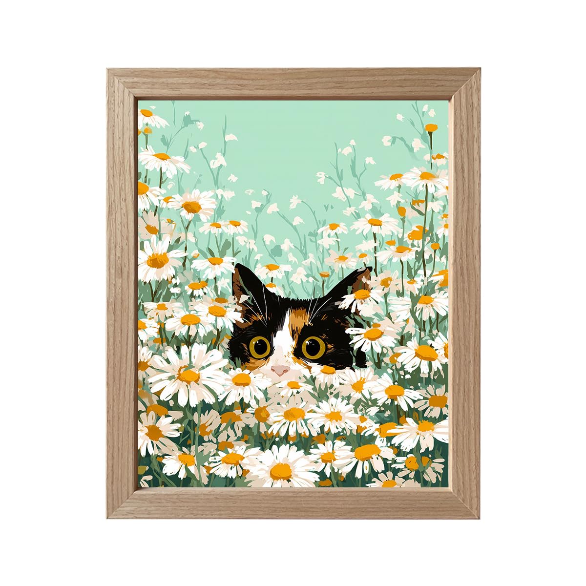 Cat Wall Decor Framed Cute Calico Cat Daisy Wall Art Flower Print Poster Whimsical Pet In White Floral Kitten Decor For Bedroom Nursery