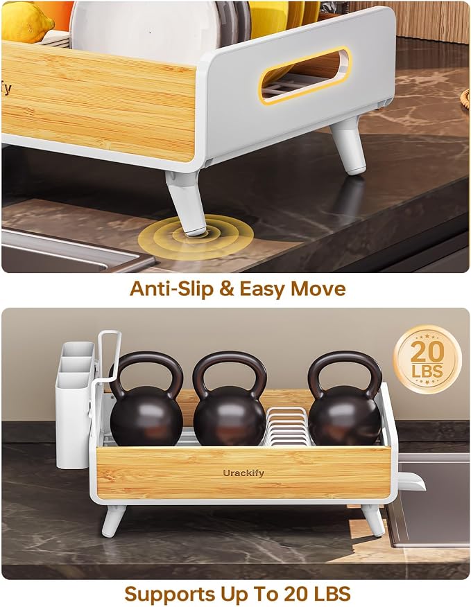 Urackify Dish Drying Rack for Kitchen Counter - Stainless Steel & Bamboo Dish Rack with Large Removable Utensil Holder, Dish Drainer with Adjustable Automatic Spout, White
