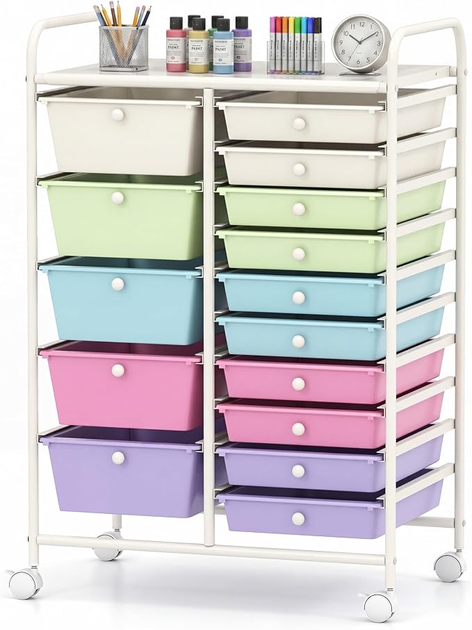 GOFLAME 15-Drawer Rolling Storage Cart, Craft Storage Cart with Removable Drawers & Lockable Wheels, Art Cart Supply Storage Organizer for Home Office Classroom, Ice Cream