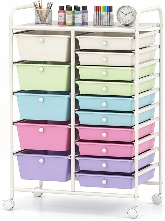 GOFLAME 15-Drawer Rolling Storage Cart, Craft Storage Cart with Removable Drawers & Lockable Wheels, Art Cart Supply Storage Organizer for Home Office Classroom, Ice Cream