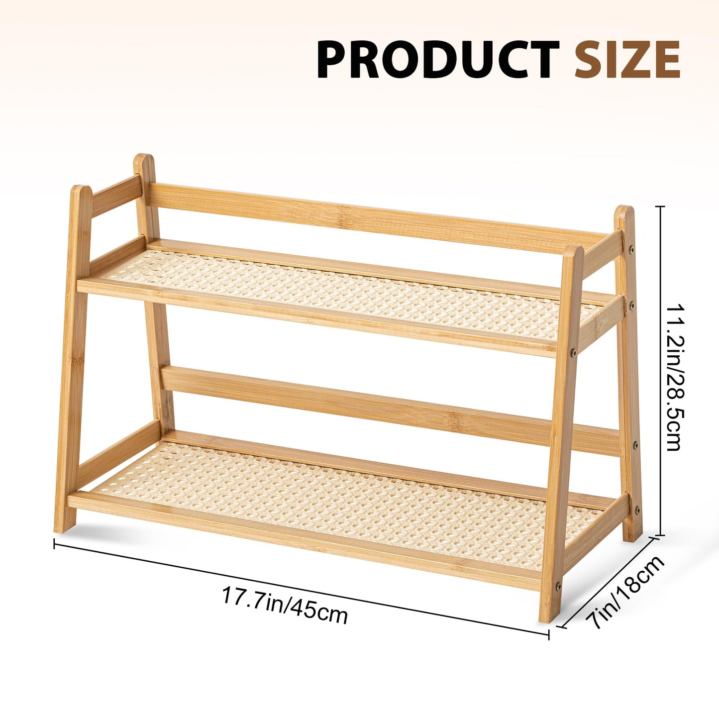 Yalikop 2 Pcs 17.7 Inch 2 Tier Matcha Station Shelf Bamboo Coffee Mug Stand Countertop Storage Rack, Double Layer Rattan Office Cup, Kitchen, Tea, Plant, Bar Accessories Condiment Display (Wood)
