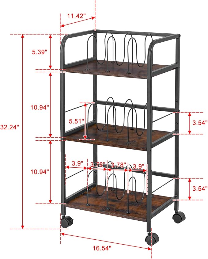 Feyejade Rolling Book Cart with Removable Dividers, 3-Tier File Cart with Wheels, Utility Storage Rack for Office, Home, Classroom, Art Supply Organizer, Binder and Laptop Shelf Rack