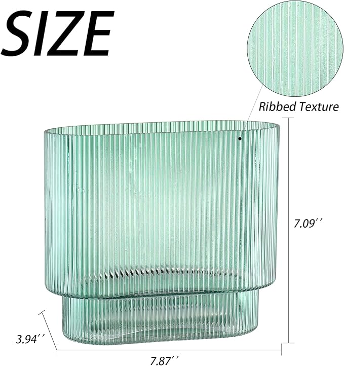 Ribbed Glass Vase, Green Glass Vase, Fluted Short Vases for Flowers, Modern Vases for Living Room, Dining Room, Bathroom, Desk, Shelf, Wedding, Office, 7 Inches