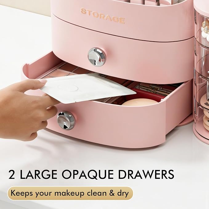 Makeup Organizer Countertop with Drawers, Make up Organizers for Vanity, Skincare Jewelry Earring Organizers, Cosmetic Display Cases Makeup Storage for Bedroom & Bathroom, Ideal Gifts for Women(Pink)