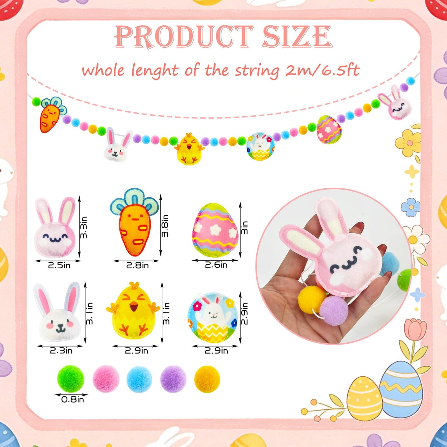 6.5ft Easter Garland Decorations, Handmade Felt Bunny Chick Carrot & Egg Pom Pom Garland, Farmhouse Spring Mantel Decor for Home Fireplace Wall Reusable Easter Banner for Indoor Party