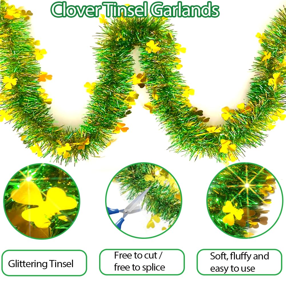 66 Ft St.Patrick's Day Tinsel Garland Decorations Shiny Thick Green Garland with Gold Shamrock Design Irish Holiday Clover Hanging Decor for Home Indoor Outdoo Saint Patrick's Day Party Supplies