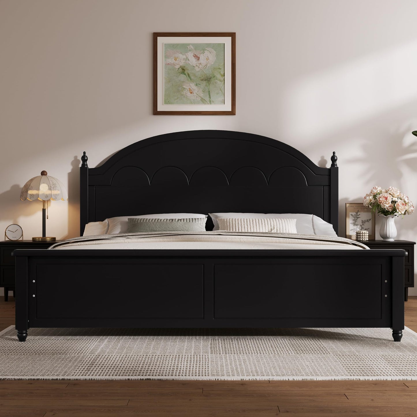 Merax Queen Platform Bed Frame with Arched Headboard, Solid Wood Construction, Classic Elegant Design, Sturdy Support, No Box Spring Needed, Easy Assembly, Black