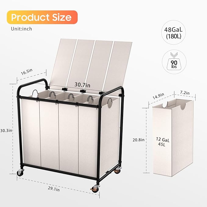 Laundry Sorter 4 Sections 48 Gal, Rolling Laundry Basket with Lockable Wheels and Lid, Laundry Hamper with 4 Separated Removable Bags Dirty Clothes Hamper for Laundry Room Organizer, White