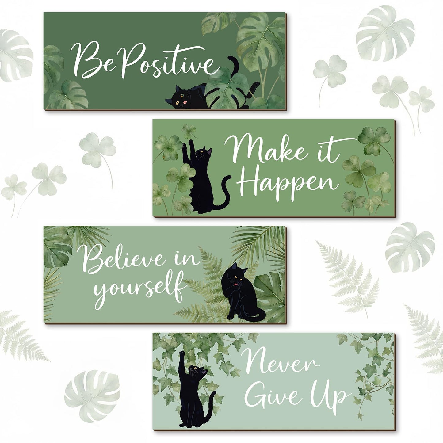 4Pcs Sage Green Office Decor for Women Inspirational Wooden Wall Decor for Office Home Sage Green Black Cat Wall Art Motivational Quotes Wooden Signs Set Positive Affirmations for Bedroom Work