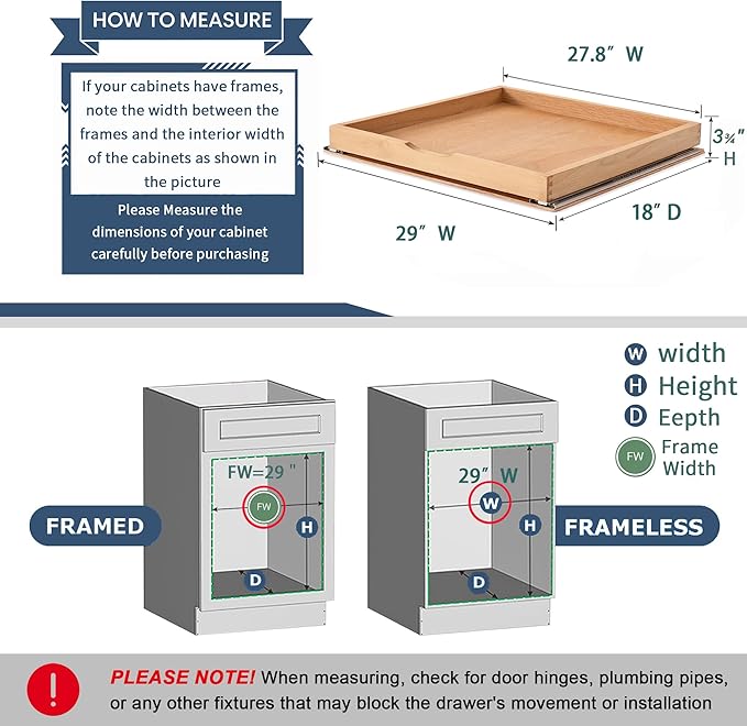 Pull Out Cabinet Drawers - 6x2 Size Options (12-23'W,18-21'D), Pre-Assembled with Soft Close Slides, Solid Beechwood, Easy Installation(29'W x 18'D)