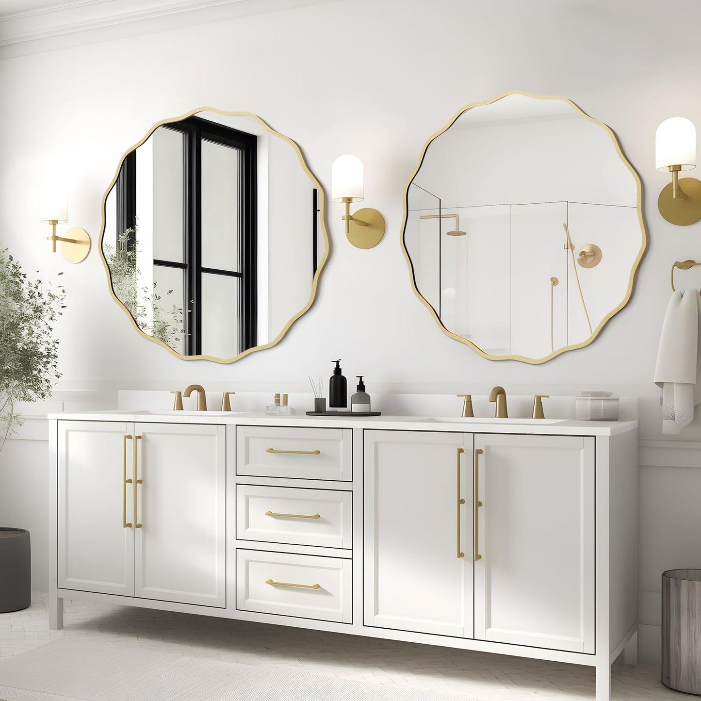 WallBeyond Round Wavy Mirror for Wall Decorative 32 inch, Modern Round Mirror Aluminum Frame for Bathroom Bedroom Living Room Home House Office Entryway, Gold