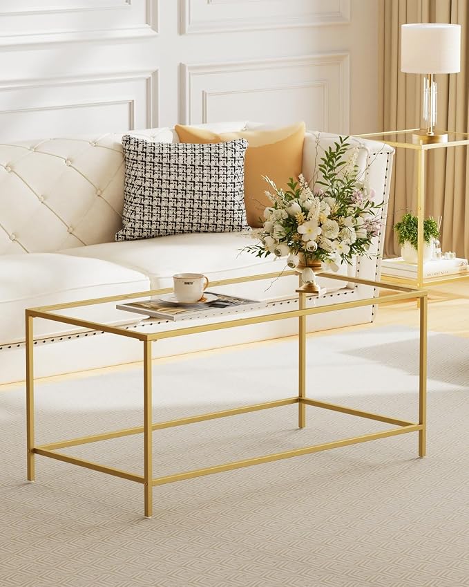 Homleke Glass Coffee Table, Modern Rectangular Coffee Table for Living Room, Minimalist Center Tea Table with Sturdy Metal Frame for Apartment, Office, Easy Assembly, 39.4 x 19.7 x 17.7 Inches, Golden