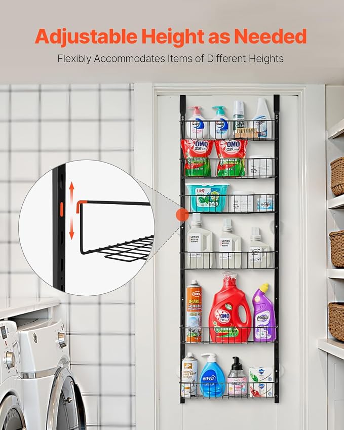 VEVOR Over the Door Pantry Organizer, 6-Tier Pantry Organization and Storage, Heavy-Duty Steel Hanging Spice Rack, Adjustable Wall Seasoning Shelves, for Home Kitchen Laundry Room Bathroom, Black