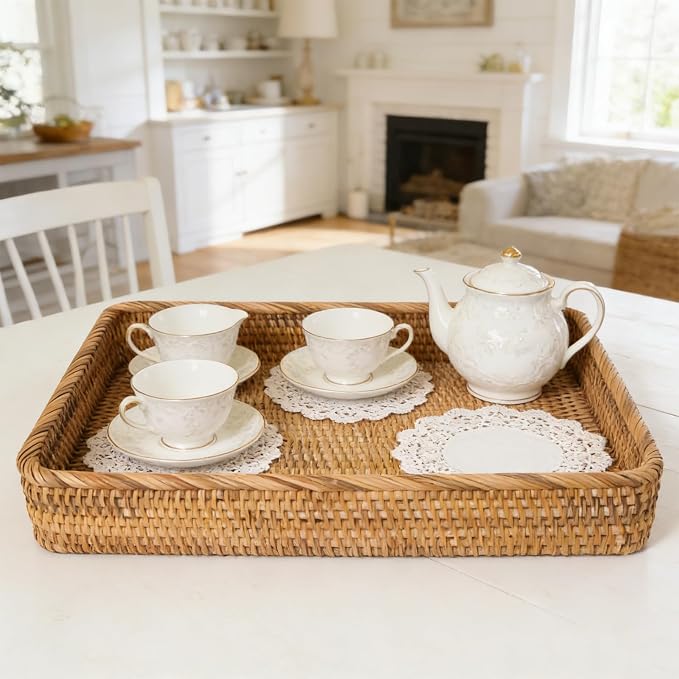 Wicker Storage Tray, Rattan Basket Rectangular for Bathroom Living Room, Decorative Serving Woven Trays Wicker Baskets for Organizing Home Decor L(15.7" × 11")